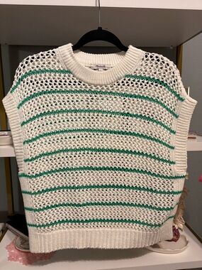 Madewell Cream Open-Knit Crochet Top with Green Stripes